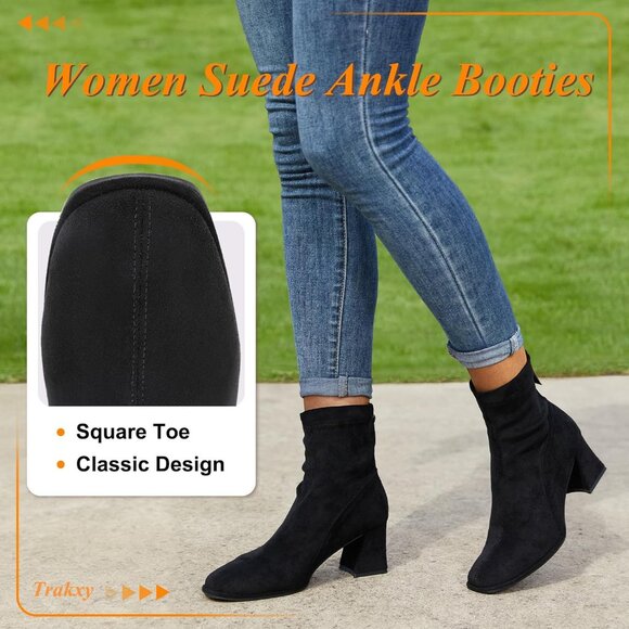 Women's Square Toe Ankle Chestnut Boot Faux Suede Low Black Heel Chelsea Shoes - Picture 2 of 7